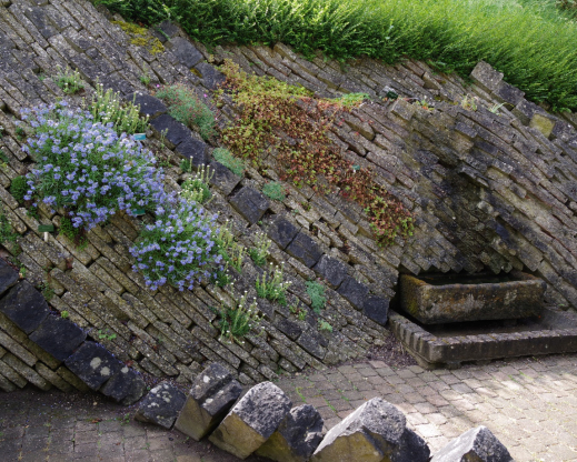 The current ‘Living Walls’ by the Alpine Glasshouse, made from recycled concrete.